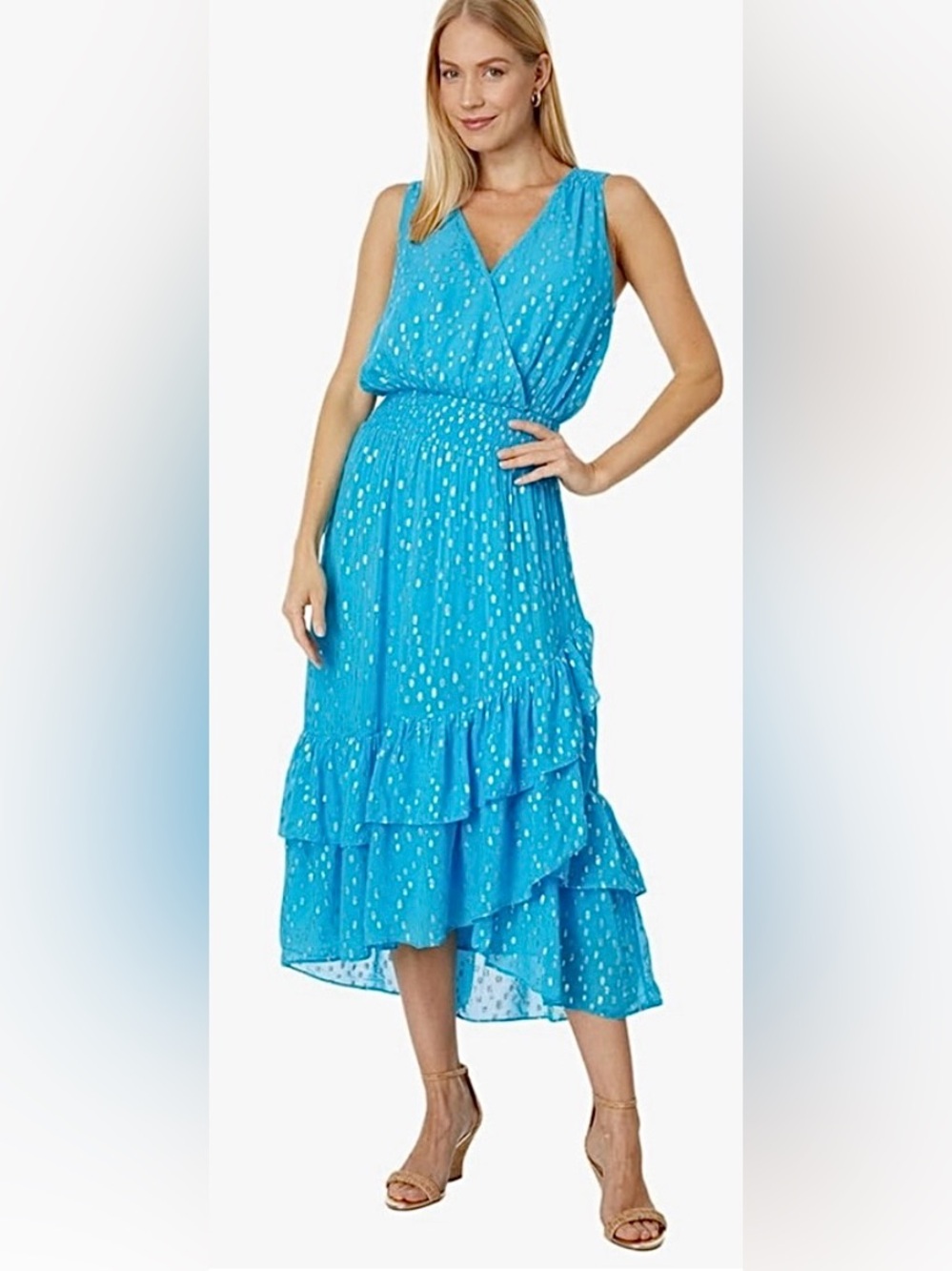 NWT Lilly Pulitzer Valeri Midi maxi
Cumulus Blue Metallic Gold
Dot dress sz 4